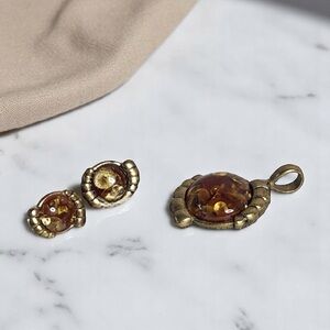 Vintage Paulus Amber Filigree Earrings‎ & Pendant Jewelry Set Gold Brown NWT